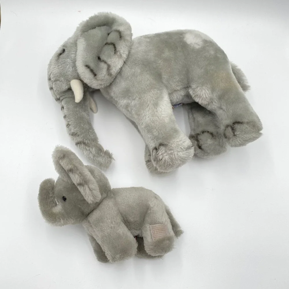 Vintage Dakin Elephant Plush Toy 1979 Korea Set Mom and Baby Stuffed Animal Gray